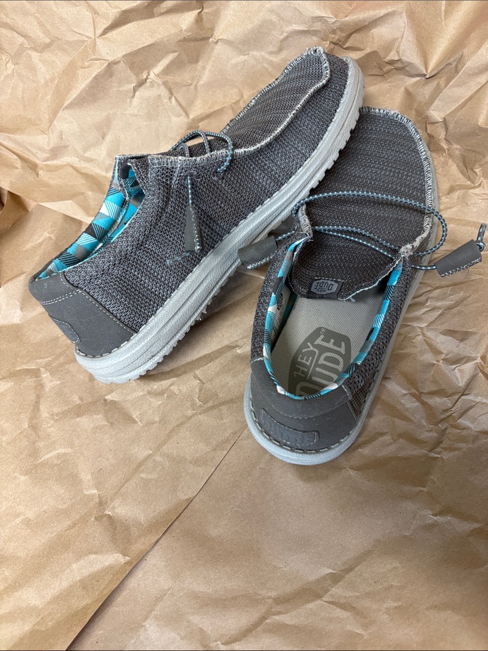 Hey Dude Gray Loafers with Teal Plaid Lining